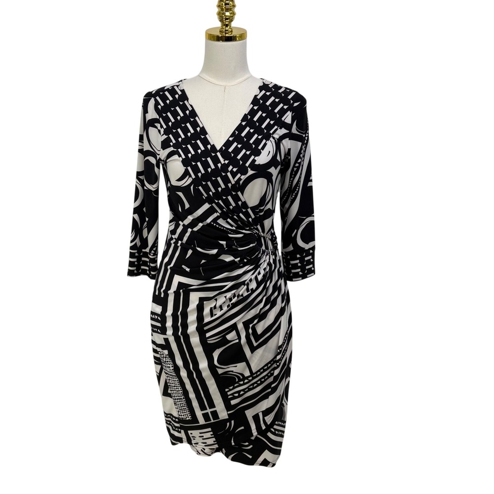 Joseph Ribkoff Black White Geometric Abstract Wrap Sheath Dress Size 6 Stretch
